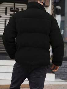 Manfinity Homme Loose Fit Men's Long Sleeve Snap Button Front Teddy Padded Coat, Men Winter Coat, Black Puffer Outerwear, For Fall - Black - View 2