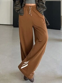 DAZY Contrast Color Drawstring Loose Wide Leg Pants, Women's Casual Sweatpants, Spring Women Joggers - Brown - View 4