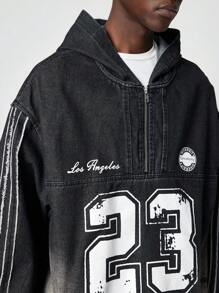 ROMWE MEN Prep Chaqueta casual de mezclilla con cremallera frontal, manga larga y estampado de números para hombres - Negro - Ver 6