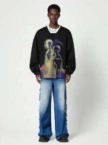 ROMWE MEN Street Life Men's Autumn Letter & Abstract Graphic Print Long Sleeve Pullover Sweatshirt, Street Wear