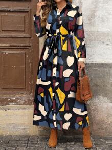 EMERY ROSE 秋季女装，有袖连衣裙，长款秋季连衣裙，几何印花图案可调节腰带连衣裙