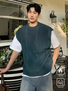 Manfinity CasualKnits 男式纯色圆领无袖休闲背心 - 綠色 - 查看 4