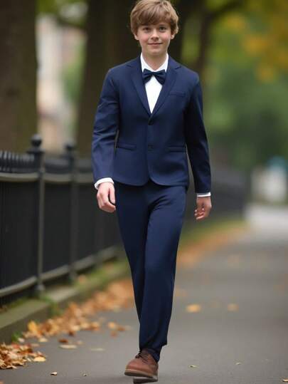 SHEIN 2pcs Tween Boys Gentleman Outfit Set, Includes Long Sleeve Blazer Jacket With Contrast Collar And Trousers, Elegant Formal Attire For Birthday Party, Wedding, Anniversary, Christening