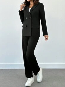 EURMUSE Pantalones y chaquetas largas de unicolor para mujer - Negro - Ver 6