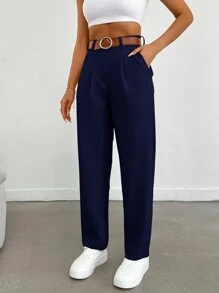 EURMUSE Pantalones rectos, sueltos y plisados de unicolor para uso diario y casual de las mujeres - Azul Marino - Ver 5