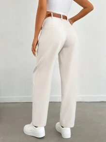 EURMUSE Women Solid Color Pleated Straight Loose Daily Casual Commuting Long Pants - Cream - View 2