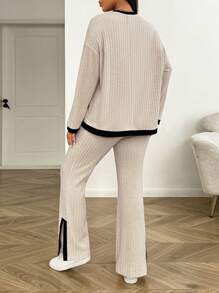 SHEIN EZwear 2 件/套加大码撞色边罗纹针织圆领长袖上衣和开衩长裤，女士冬装 - 杏色 - 查看 3