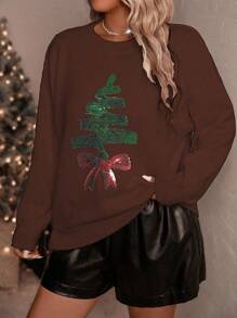 SHEIN Clasi Maglione casual da donna con collo a ciambella, decorato con albero di Natale e paillettes, adatto per Ognissanti, Capodanno, San Valentino, Ringraziamento, Natale, Pasqua, Festa Nazionale, Ballo di fine anno e altre occasioni, maglia lavorata a maglia per l'autunno e l'inverno - Caffè Marrone - Visualizzare 6