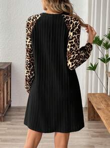 SHEIN LUNE 女士纯色拼布圆领长袖休闲短裙 - 彩色 - 查看 2