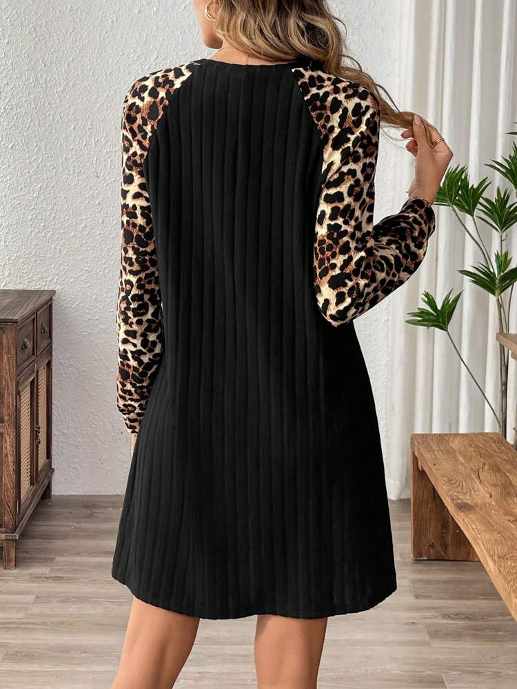 Women Solid Color Patchwork Round Neck Long Sleeve Casual Short Dress