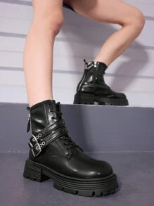 Sugerpunk Women's Buckle Strap Dark Punk Round Toe Flat Heel Punk Black PU Ankle Boots, Everyday Punk Style