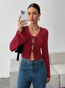 SHEIN Essnce Women Burgundy Red Front Tie Long Sleeve T-Shirt,Elegant Autumn Casual Tops,Seksi Chic Night Out Y2k Style,Fashionable Crochet Textured Winter Clothes - Burgundy - View 5