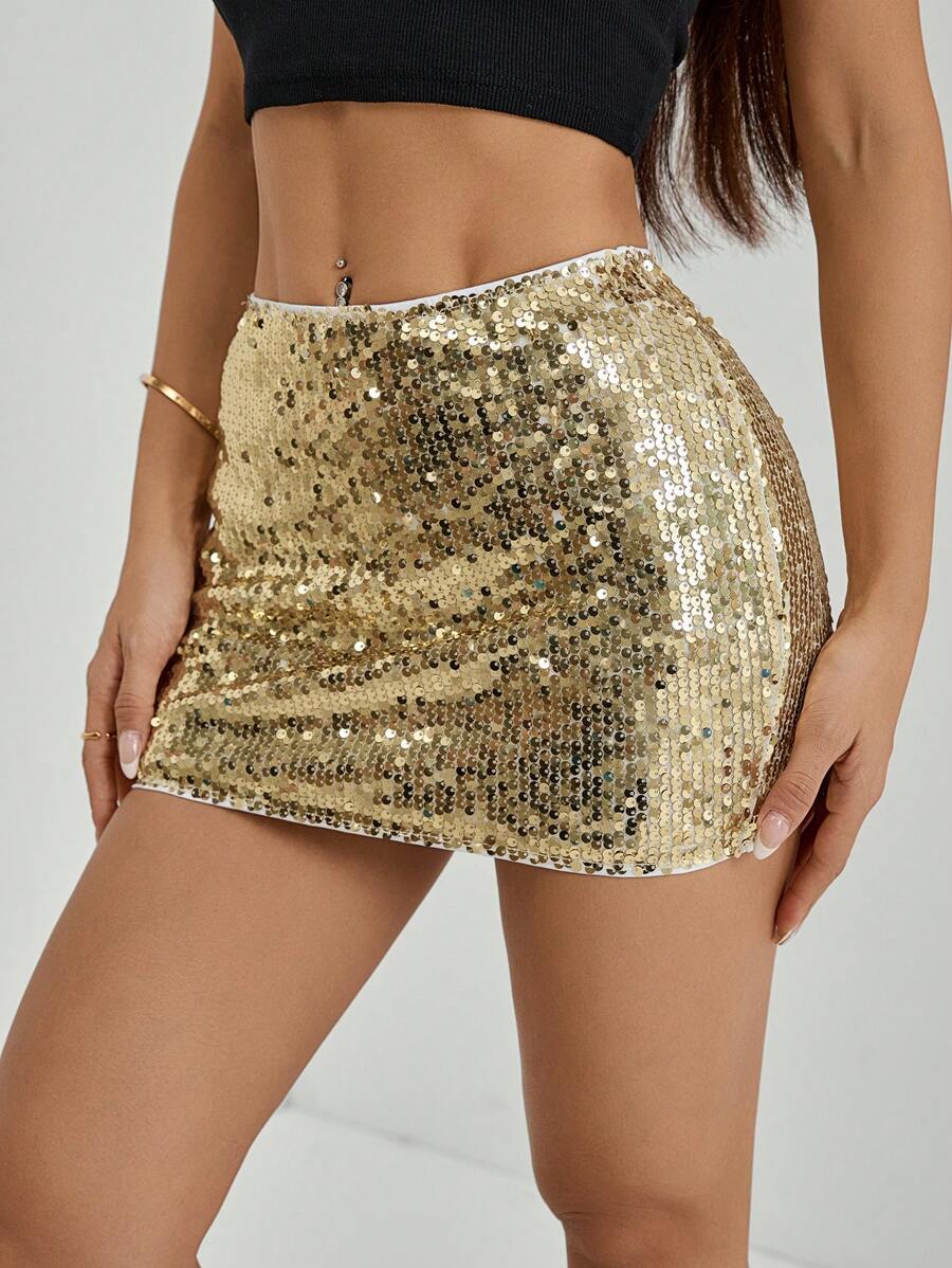 SHEIN PETITE 亮片裝飾極簡風女款裙,休閒日常穿著,適合嬌小女性 - 金色 - 查看 1