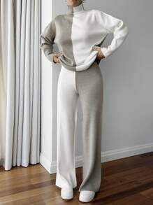 EURMUSE Colorblock Beige Sweater And Pant 2 Pcs Knitwear Set Casual Simple - Beige - View 7