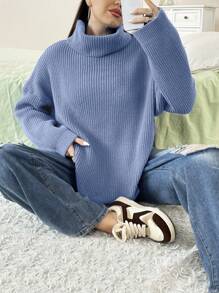 Flirla Plus Size Solid Color Turtleneck Long Sleeve Simple Pullover Sweater, Casual Everyday Wear Knit Pullover Fall Winter Sweater - Baby Blue - View 3