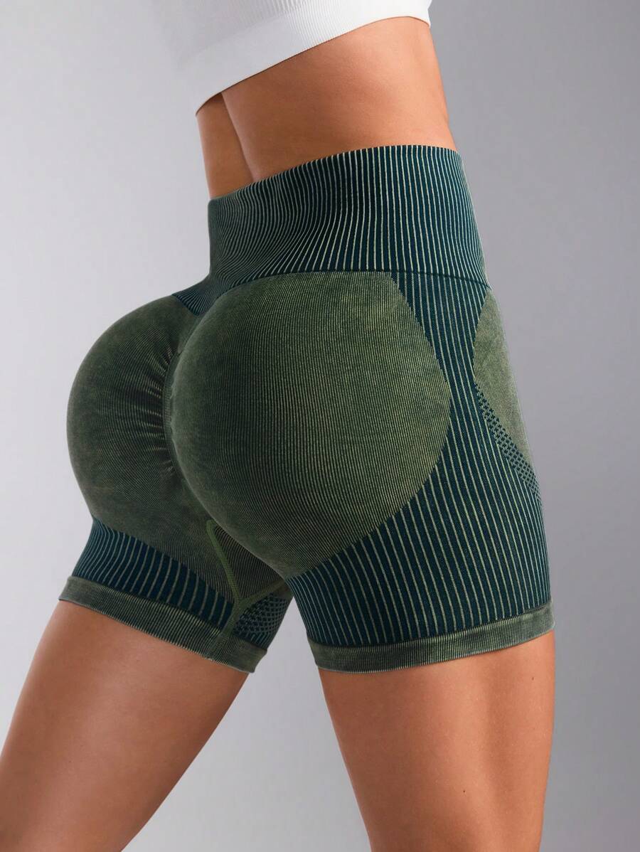 SHEIN Sports Women High Waist Striped Patchwork Casual Sports Shorts Spandex Short - Army Green - View 1