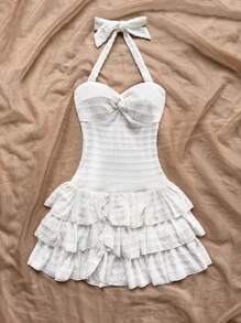 Soleia 女士度假迷你连衣裙，带有弹性褶皱胸部、系带领、蝴蝶结和分层褶皱，可内穿或外穿，情人节约会服装，新年女装，圣诞节女装，派对女装，音乐节/音乐会服装，情人节，女士夏季连衣裙，白色毕业礼服 - 白色 - 查看 5