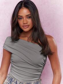 MISSGUIDED One Shoulder Bodysuit Ruched Draped Design Off Shoulder Elegant Evening Party Club Wear Form Fitting Long Sleeve Sophisticated Top - Grey - View 3