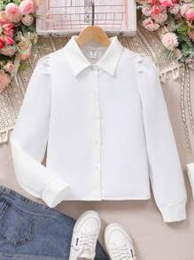 SHEIN Áo cánh dài tay cài nút phía trước màu trơn cho bé gái tuổi mới lớn, mặc hàng ngày - trắng - Xem 5