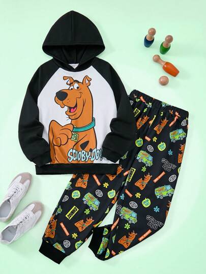 SCOOBY-DOO X SHEIN Tween Boy Cartoon Dog Print Color Blocking Raglan Sleeve Casual Hooded Sweatshirt & Pants Sports 2 Pieces Set