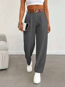 EURMUSE Women Solid Color Pleated Straight Loose Daily Casual Commuting Long Pants - Dark Grey - View 4