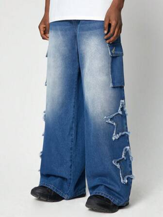 Street Life Jeans casual con gamba ampia, con tasche a forma di stella a cinque punte e effetto vissuto, per uomo