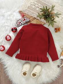 Baby Girls Cute Red Christmas Themed Knit Sweater,Autumn Long Sleeve Crew Neck Flounced Hem Soft Knitwear For Birthday,Casual,Home,Daycare & Parties - Red - View 2