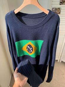 SHEIN EZwear 女士休闲拼色套头衫，适合秋冬季 - 藏蓝色 - 查看 5