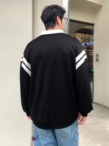 Manfinity Dauomo Men's Contrast Color Letter Applique Striped Print Casual Long Sleeve Polo Shirt