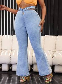 SHEIN SXY Große Größen Jeans mit Lochdesign, minimalistisches Design, Lässig Alltags Tragen - Blau - Übersicht 2