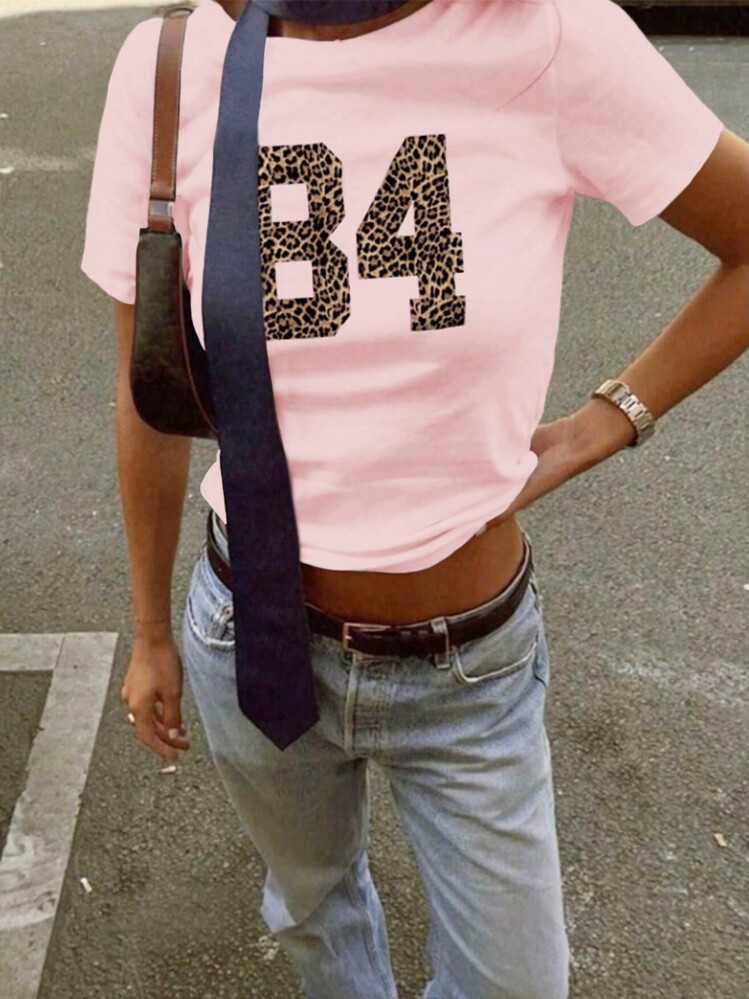 Teen Girl Numeric Leopard Print Round Neck Short Sleeve Casual T-Shirt - Pink - View 1