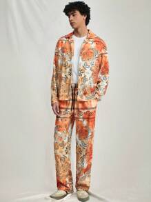 Manfinity VCAY 2pcs Men Casual Loose Fit Long Sleeve Shirt And Elastic Waist Straight Leg Pants Suit Set - Orange - View 3