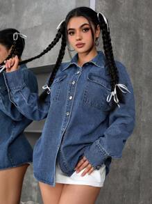 SHEIN PETITE Chaqueta vaquera casual suelta con lavado de agua, otoño