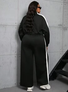 INAWLY 2pcs/Set Plus Size Stand Collar Zipper Hoodie Top And Cropped Pants - Black - View 2