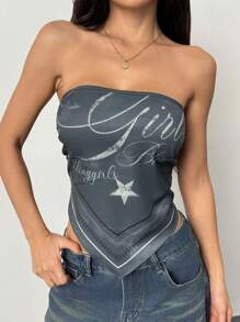 INAWLY Sexy Letter Print Backless Strap Cami Top - Dark Green - View 7