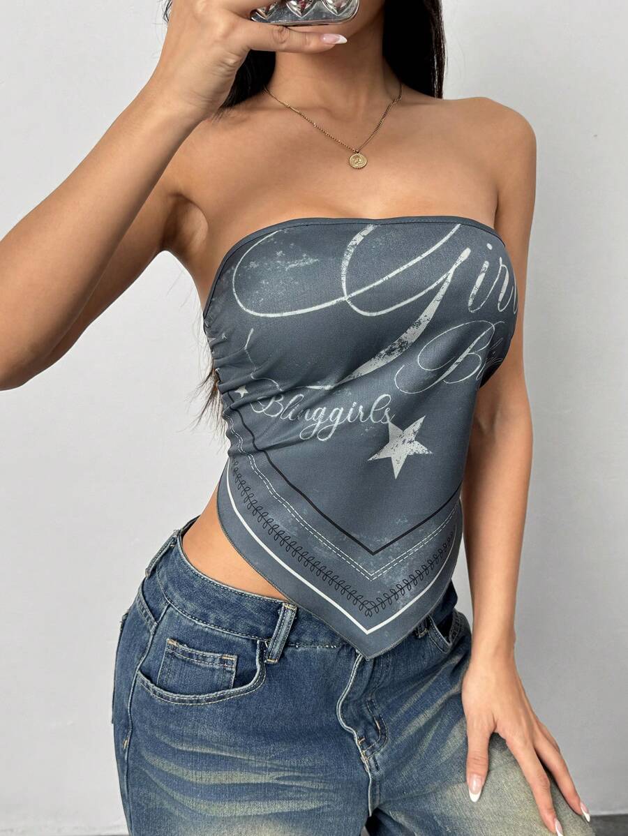 INAWLY Sexy Letter Print Backless Strap Cami Top - Dark Green - View 1