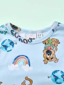 SCOOBY-DOO X SHEIN 小男孩卡通小狗，彩虹和太阳印花可爱舒适休闲长袖T恤和裤子睡衣套装，杏色和蓝色 - 藍白色 - 查看 3