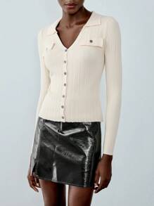 Chiquease 设计领针织长袖开衫上衣，收腰女式套头衫