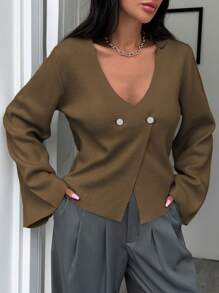 EURMUSE Cardigan à encolure en V, boutons devant et épaules tombantes, couleur unie, pour femmes - Tabac - Voir 4