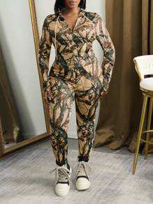 Slaydiva Conjunto de chándal con capucha, cuello mixto y estampado, talla grande