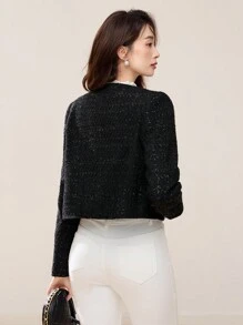 EastFlair 女士蝴蝶结领长袖短款常规夹克，秋冬 - 黑色 - 查看 2