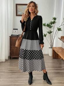 EMERY ROSE Women's Autumn Striped Polka Dot Print Long Sleeve Button Design Elegant Midi Dress - Black - View 5
