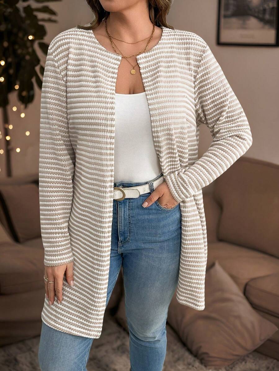 SHEIN LUNE 大码女式条纹长袖开襟休闲宽松外套，秋季大码秋装感恩节女装新年冬装女装热卖 - 彩色 - 查看 1