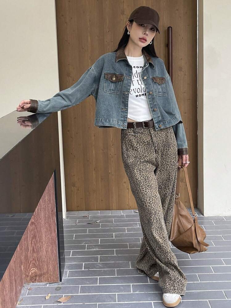 DAZY 女士纯色拼接前扣长袖口袋简约牛仔夹克 - 藍色 - 查看 9