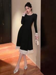 DAZY Mid-Length Color Block Ruffle Hem Dress For Women, Suitable For Dates Prom Dress,Fall Dress Elegant Women Dresses - Black - View 9