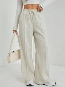 SHEIN PETITE Women Fall Khaki Pebble Seam Detail Straight Leg Sweatpants Graduation,Back To School Outfits,Graduation,Teacher Outfits For Women,Back To School