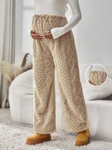 SHEIN Pregnant Women's Casual Solid Color Fleece Drawstring Waist Pants, Winter