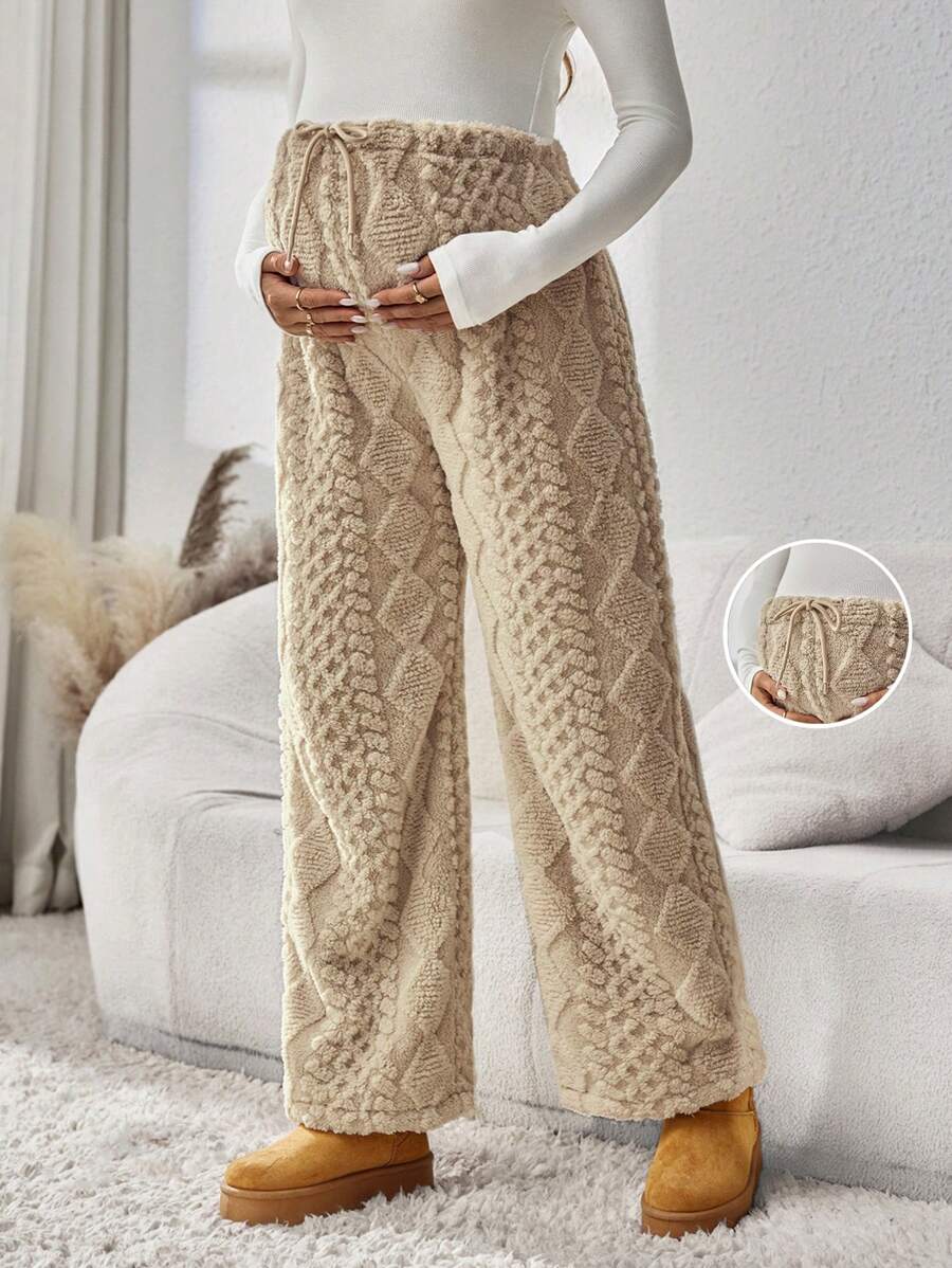 SHEIN Pregnant Women's Casual Solid Color Fleece Drawstring Waist Pants, Winter