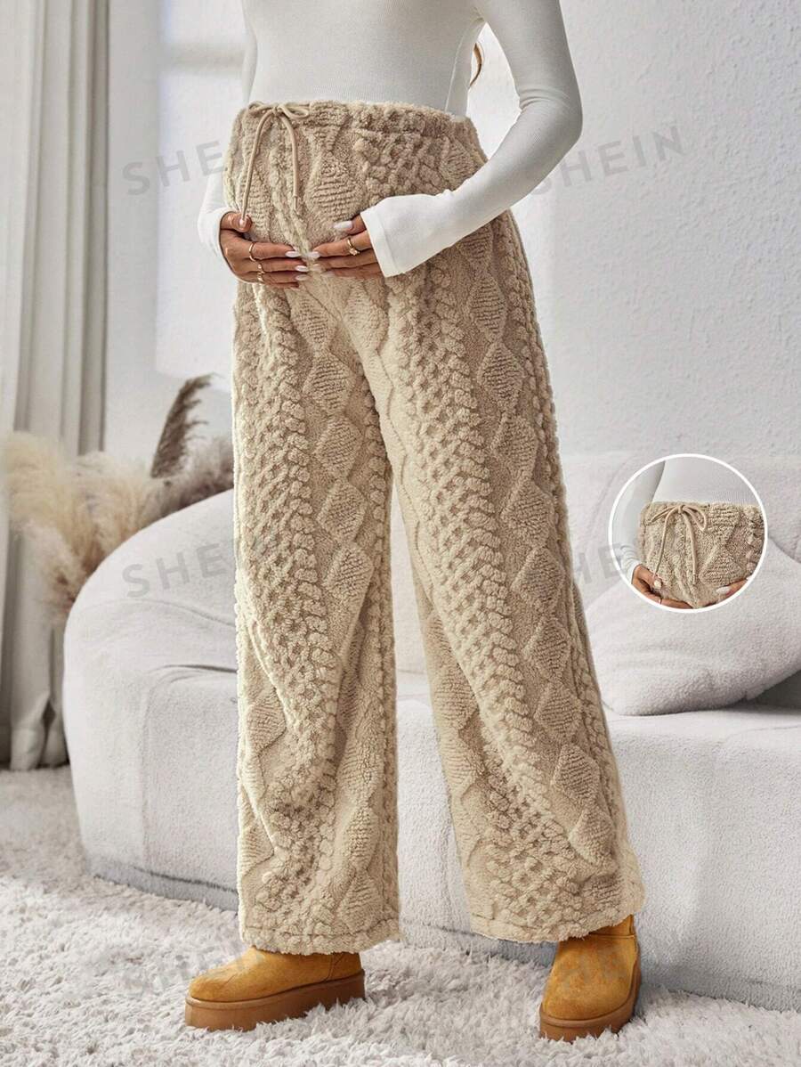 SHEIN Schwangere Frauen Lässig einfarbige Fleece Hose mit Kordelzug in der Taille, Winter - Aprikosenfarben - Übersicht 1