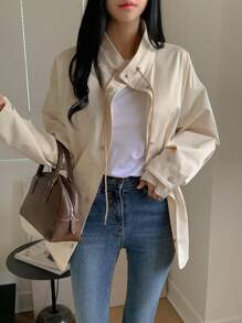 DAZY 女式纯色落肩长袖单排扣宽松休闲常规夹克，秋季